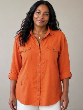 Bechamel Women's Rust Linen Blend Button-Up Tunic Shirt Washed Size 2X No Belt